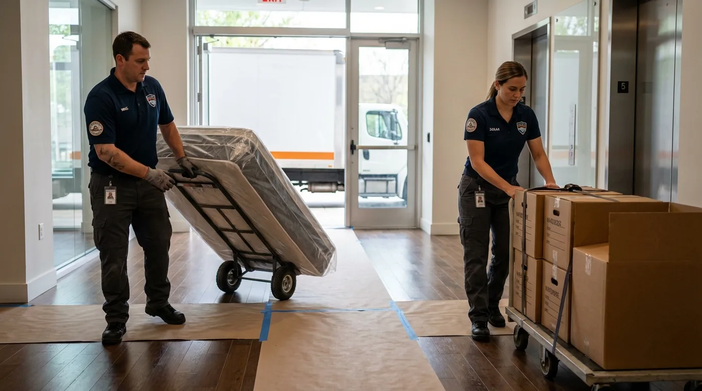 Professional apartment movers loading elevator in Lincoln, CA