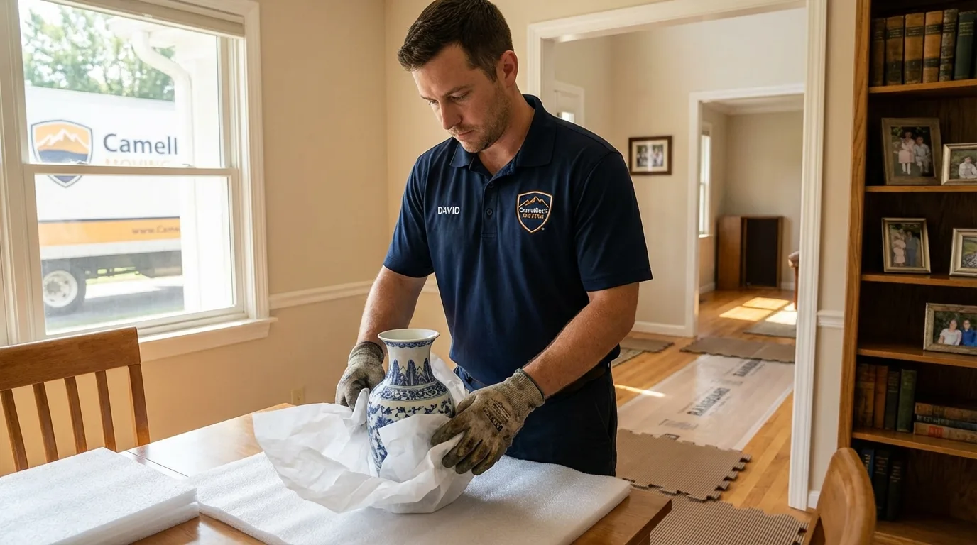 Professional crew carefully wrapping antique vase for senior downsizing move in Lincoln, CA